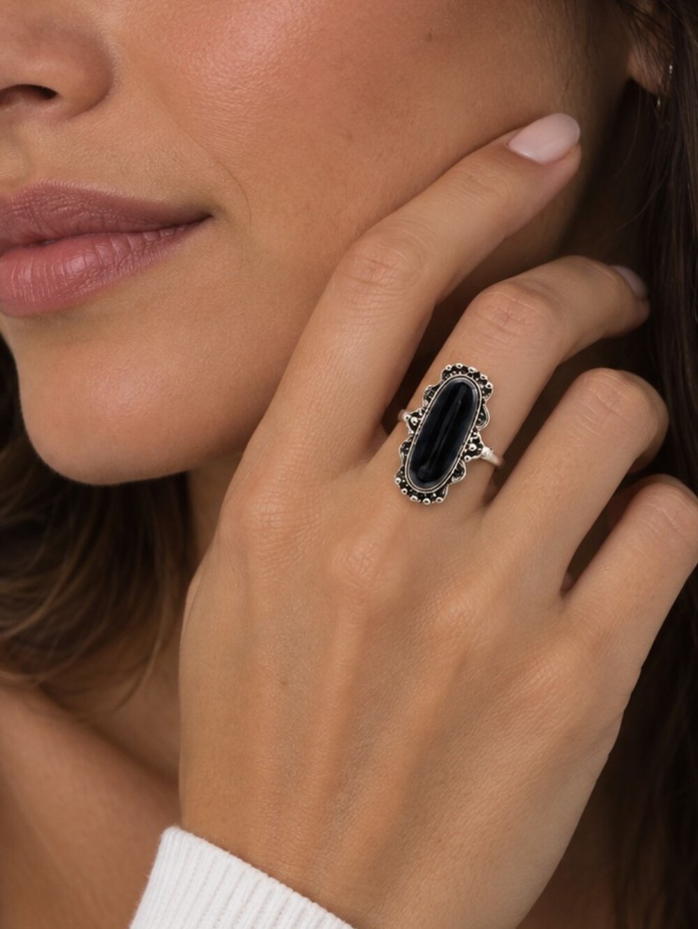 ๐ Black Oval Cabochon Ring Silver Tone Ornate Gothic Victorian Size 7.25